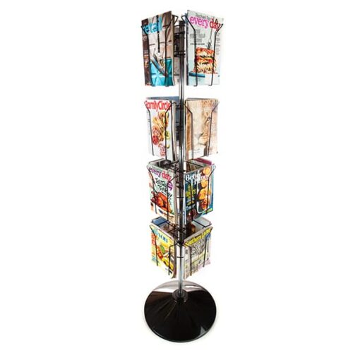 The Vulcan CIRC 16 3/4 POCK 4 ROTATORS elegantly spins on a stand with four rotators, showcasing colorful magazines in vibrant tiers on a sturdy round black base.