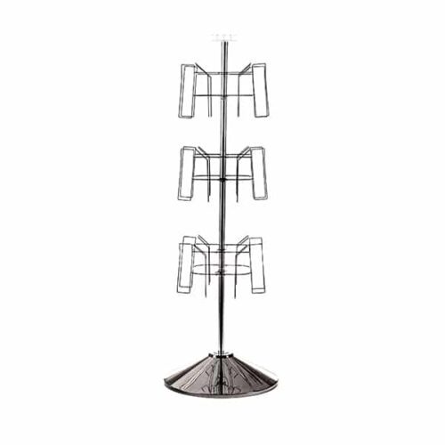 The Vulcan CIRC 12 display rack features a metallic conical base for stability, three rows of cardholders at different heights, and includes 2 POCK and 3 ROTATORS, making it perfect for showcasing greeting cards or brochures.