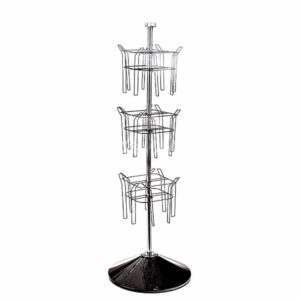 The Vulcan CIRC 12 3/4 POCK 3 ROTATORS is a metal wire display rack with three tiers, featuring circular wire holders on a vertical pole and includes rotators for easy access, all mounted on a round, black base for stability.