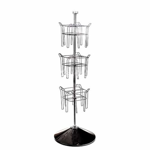 The Vulcan CIRC 12 3/4 POCK 3 ROTATORS is a metal wire display rack with three tiers, featuring circular wire holders on a vertical pole and includes rotators for easy access, all mounted on a round, black base for stability.