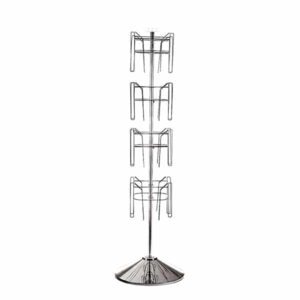The Vulcan CIRC 16 3/4 POCK 4 ROTATORS is a vertical metal rack with four evenly spaced tiers and a sleek design, crafted with shiny precision. Its stable round base ensures balance and makes it ideal for efficiently showcasing circular items.