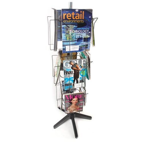 The Vulcan STAR 12 3/4 POCK 3 ROTATORS, a rotating wire magazine rack on a black stand, holds various magazines covering retail environments, golf, and lifestyles with three rotators and several tiers for displaying different issues.