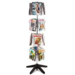 The Vulcan STAR 16 3/4 POCK 4 ROTATORS boasts a sleek design with tiers for various magazines like golf, lifestyle, cooking, and family activities. It elegantly stands on a black, three-legged base.