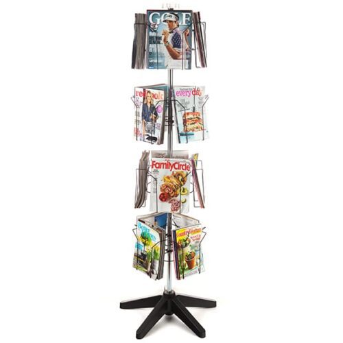 The Vulcan STAR 16 3/4 POCK 4 ROTATORS boasts a sleek design with tiers for various magazines like golf, lifestyle, cooking, and family activities. It elegantly stands on a black, three-legged base.