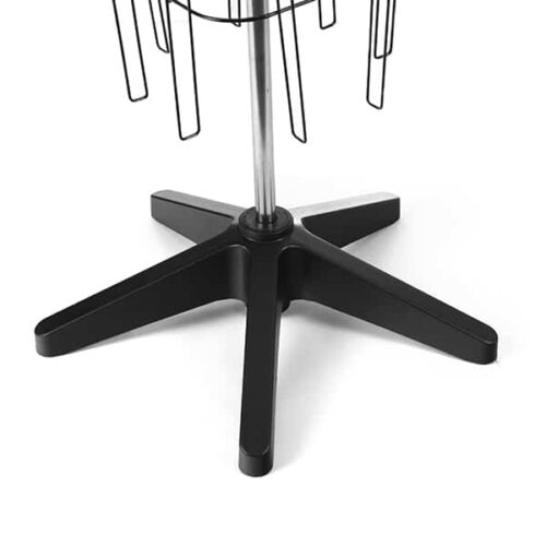 The Vulcan WIRE 12 3/4 POCK 3 ROTATORS stand boasts a black plastic base with four legs and a central cylindrical pole. It includes metal brackets and POCK 3 ROTATORS to skillfully display items.