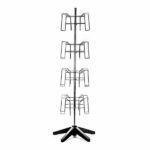 Introducing the Vulcan STAR 16 2 POCK 4 ROTATORS, a sleek black metal display stand featuring four rotatable tiers with wire compartments ideal for brochures or magazines. Its sturdy four-leg base provides stability and style in any setting.