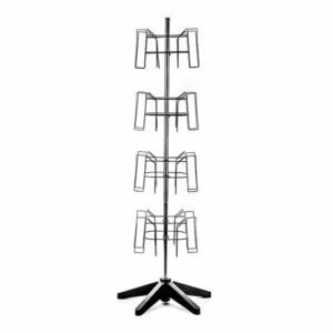 Introducing the Vulcan STAR 16 2 POCK 4 ROTATORS, a sleek black metal display stand featuring four rotatable tiers with wire compartments ideal for brochures or magazines. Its sturdy four-leg base provides stability and style in any setting.