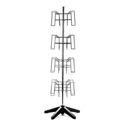 Introducing the Vulcan STAR 16 2 POCK 4 ROTATORS, a sleek black metal display stand featuring four rotatable tiers with wire compartments ideal for brochures or magazines. Its sturdy four-leg base provides stability and style in any setting.