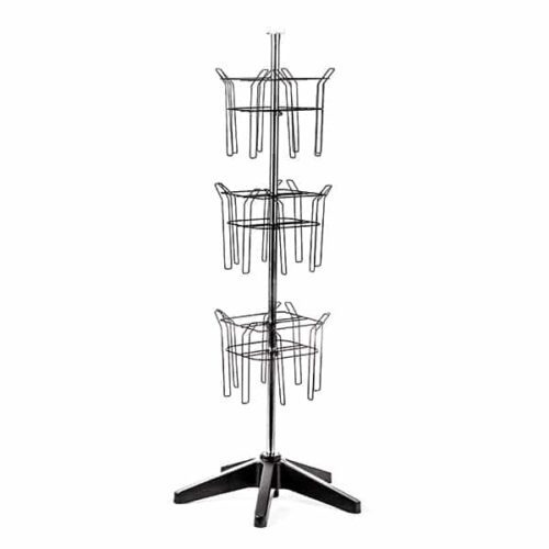 The Vulcan STAR magazine rack has three circular tiers in its 12 3/4 POCK design, each holding multiple items. It features a sturdy five-leg base and vertical pole support with 3 ROTATORS for added functionality in a minimalist industrial style.