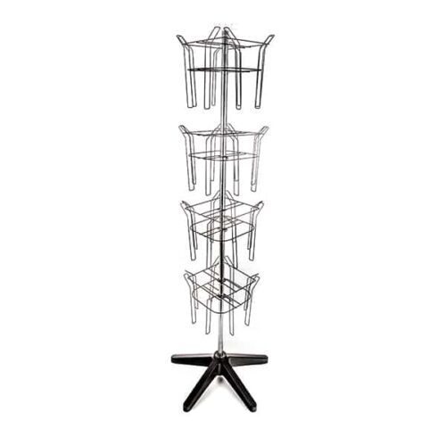 Wire-Star-Std-4-100S.jpg The Vulcan STAR 16 3/4 POCK 4 ROTATORS display stand features four rotating basket sections with four compartments each, supported by a sturdy black star-shaped base for functional and elegant storage in any setting.