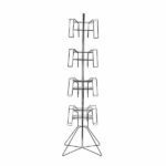 The Vulcan WIRE 16 2 POCK 4 ROTATORS is a rotating magazine rack with multiple triangular wire shelves on a central pole, featuring 16 pockets and 4 rotators. It stands securely on a triangular base for efficient organization of your reading materials.