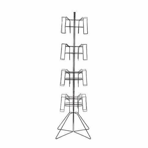 The Vulcan WIRE 16 2 POCK 4 ROTATORS is a rotating magazine rack with multiple triangular wire shelves on a central pole, featuring 16 pockets and 4 rotators. It stands securely on a triangular base for efficient organization of your reading materials.