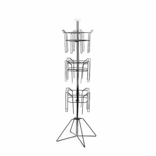 The Vulcan WIRE stand is a tall wire display with three tiers and a triangular base, featuring horizontal rods for showcasing items. The 12 3/4 POCK design is minimalist and sleek, enhanced by an innovative 3 ROTATORS mechanism.