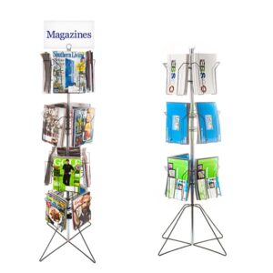 The Vulcan magazine rack, named WIRE 12 3/4 POCK 3 ROTATORS, features a sleek metal frame with two vertical sections and four tiers each, ideal for lifestyle and retail magazines. It includes a Magazines sign on the left section and rotates effortlessly with its three rotators.