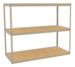 A three-tiered metal and wood shelving unit. The frame is made of metal with a light beige color, and the shelves are wooden. It is displayed against a white background, showcasing its simple and sturdy design.