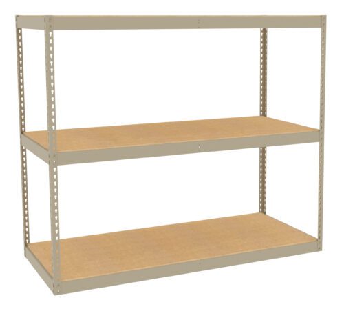 A three-tiered metal and wood shelving unit. The frame is made of metal with a light beige color, and the shelves are wooden. It is displayed against a white background, showcasing its simple and sturdy design.