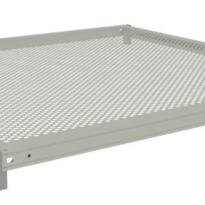 A rectangular, metal mesh panel is shown, framed by a solid border. The mesh consists of small, evenly spaced circular holes. The panel appears to be part of a shelving or storage system. The color is a light, neutral gray.
