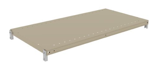 A beige, rectangular metal shelf with perforated edges and white brackets at the corners, designed for use in a shelving unit or storage rack.