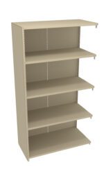 A beige metal shelving unit with five adjustable shelves is shown. The unit has perforated sides for flexible shelf placement and a simple, industrial design.