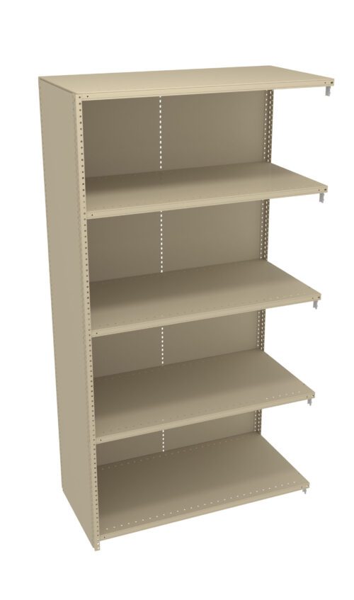 A beige metal shelving unit with five adjustable shelves is shown. The unit has perforated sides for flexible shelf placement and a simple, industrial design.
