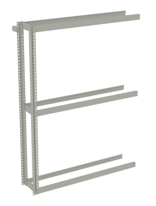 A metal server rack with an open frame design, featuring vertical and horizontal beams. The structure has multiple perforations for mounting equipment and is set against a plain white background.