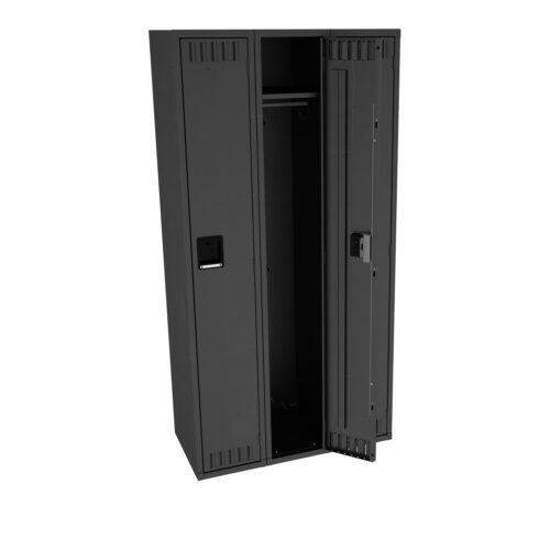 A black, metal wardrobe cabinet with two doors. The left door is closed, and the right door is slightly open, revealing an empty interior with a metal shelf and a hanging rod.