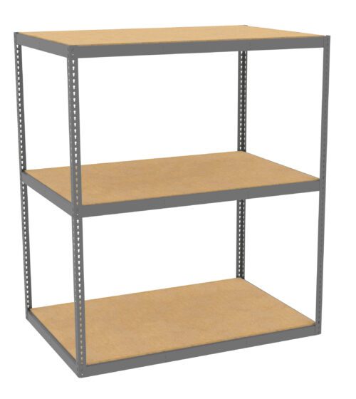 Metal shelving unit with three wooden shelves. The frame is gray, with adjustable shelf heights. The unit is empty and stands against a white background.