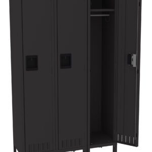 A row of three black metal lockers, with one door open, revealing an empty interior with a hanging rod and a shelf. The lockers have ventilation slots and rectangular handles.