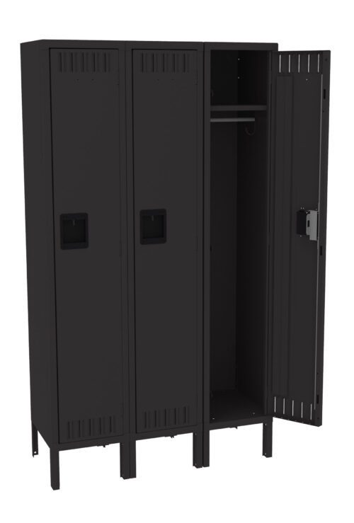 a1ungcjojmfrypkufii5.jpg A row of three black metal lockers, with one door open, revealing an empty interior with a hanging rod and a shelf. The lockers have ventilation slots and rectangular handles.