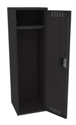 An open black metal locker with a single door. Inside, there is a horizontal rod near the top for hanging items. The locker is empty and has a simple, industrial design.