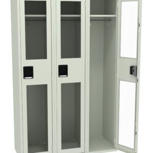 Three light gray metal lockers with transparent front panels. The lockers have black handles and are partially open, showing empty spaces with hanging rods inside.