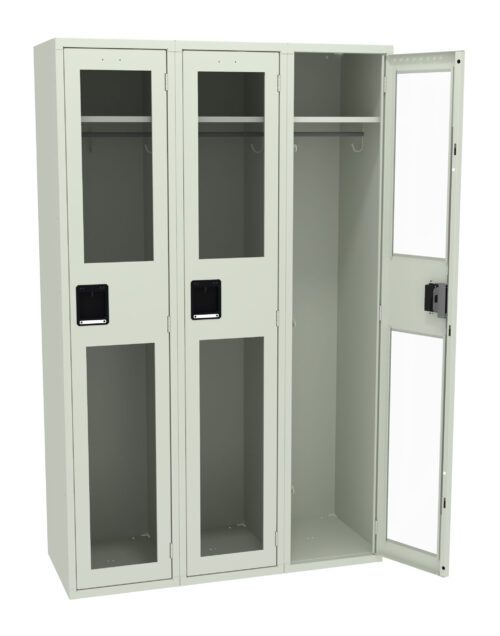 Three light gray metal lockers with transparent front panels. The lockers have black handles and are partially open, showing empty spaces with hanging rods inside.