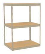 A beige metal shelving unit with three wooden shelves. The frame is constructed with perforated metal supports, and the shelves are equally spaced. The design is simple and functional, suitable for storage or organization.