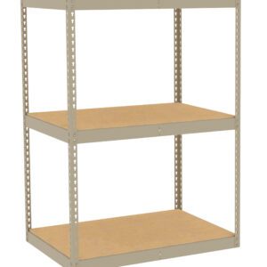 A beige metal shelving unit with three wooden shelves. The frame is constructed with perforated metal supports, and the shelves are equally spaced. The design is simple and functional, suitable for storage or organization.