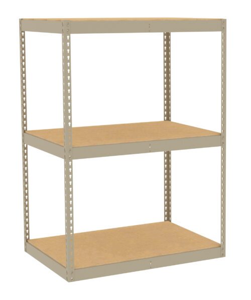 A beige metal shelving unit with three wooden shelves. The frame is constructed with perforated metal supports, and the shelves are equally spaced. The design is simple and functional, suitable for storage or organization.