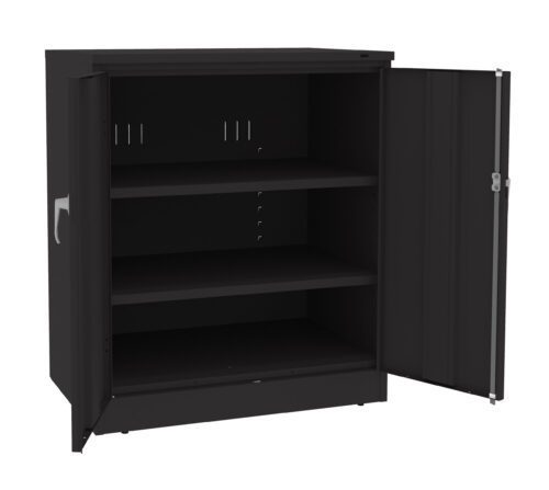 a54x9enxgh2byr1wsgrr.jpg A black metal cabinet with two open doors revealing two adjustable shelves inside. The cabinet is simple and industrial in design.