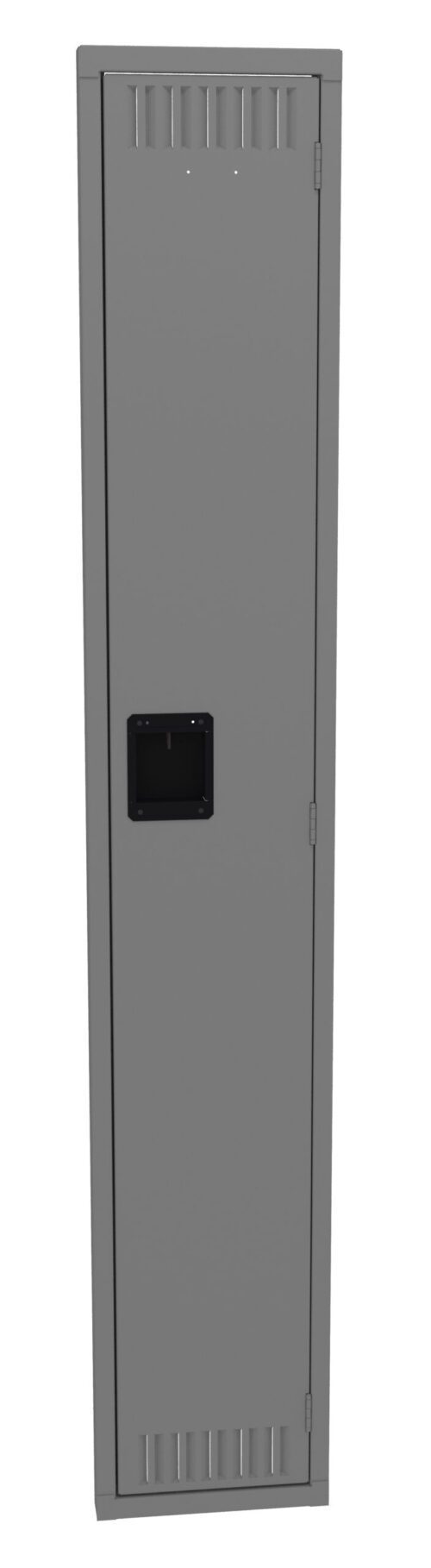 a5clac6m5i2tswsd6ipi.jpg A tall, narrow, gray metal locker with a rectangular black handle. The locker door has ventilation slits at the top and bottom, and it is closed.