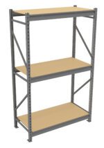A metal shelving unit with three wooden shelves. The frame is gray, featuring support bars and evenly spaced holes for adjustable shelf placement. The shelves have a natural wood finish, contrasting with the metallic frame.