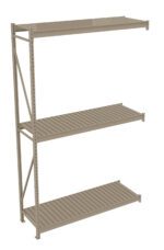Three-tier beige industrial metal shelving unit with slatted shelves. The shelves are evenly spaced on a sturdy frame with diagonal supports on one side. The shelves are open, with no back or side panels.