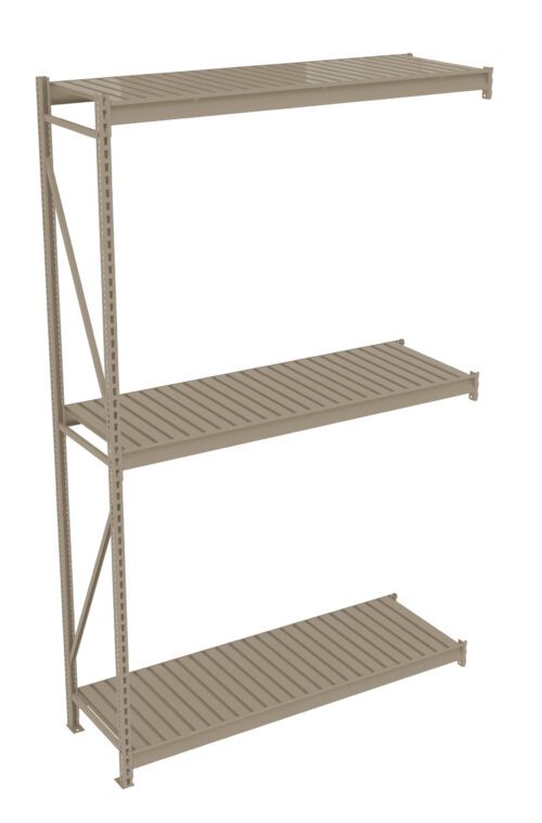 Three-tier beige industrial metal shelving unit with slatted shelves. The shelves are evenly spaced on a sturdy frame with diagonal supports on one side. The shelves are open, with no back or side panels.