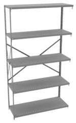 A five-tier gray metal shelving unit with adjustable shelves and a supportive crossbar at the back. The shelves are evenly spaced, supported by vertical beams with holes for adjustment. The unit is empty and designed for storage.