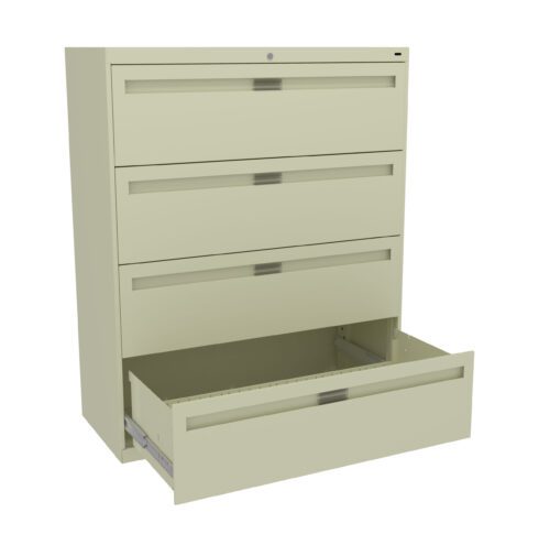 A beige, four-drawer filing cabinet with metal handles. The bottom drawer is open, showing empty space inside. The cabinet is placed against a plain white background.