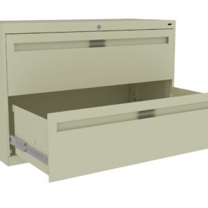 A beige, two-drawer filing cabinet with the bottom drawer open. The cabinet has a lock mechanism at the top and metal handles on each drawer. The cabinet is empty and appears to be made of metal.