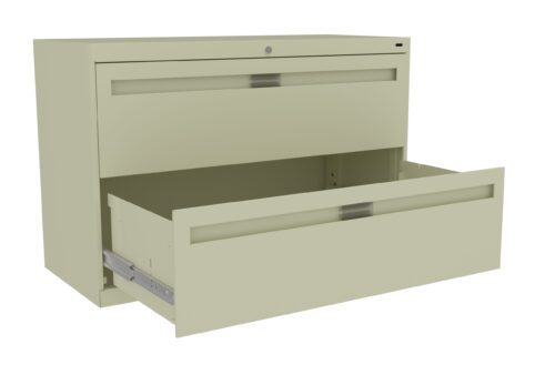 A beige, two-drawer filing cabinet with the bottom drawer open. The cabinet has a lock mechanism at the top and metal handles on each drawer. The cabinet is empty and appears to be made of metal.