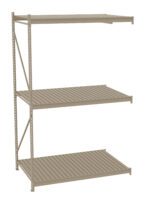 A beige, three-tier metal shelving unit with perforated horizontal surfaces designed for storage. The shelves are supported by vertical and diagonal metal beams on one side. The unit is isolated on a white background.