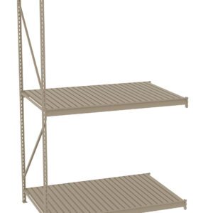 A beige, three-tier metal shelving unit with perforated horizontal surfaces designed for storage. The shelves are supported by vertical and diagonal metal beams on one side. The unit is isolated on a white background.