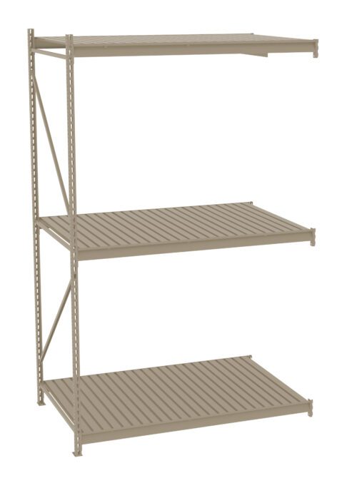 A beige, three-tier metal shelving unit with perforated horizontal surfaces designed for storage. The shelves are supported by vertical and diagonal metal beams on one side. The unit is isolated on a white background.