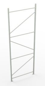 A metal shelving frame with vertical and diagonal supports, standing upright against a plain white background. The frame is empty, displaying its simple, industrial design.
