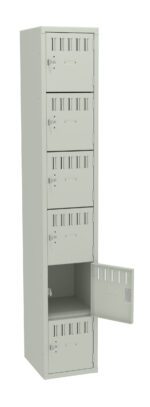 A tall, beige metal locker with six compartments, five of which are closed and one open, revealing an empty space inside. Each compartment has a handle and a small ventilation design.