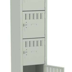 A tall, beige metal locker with six compartments, five of which are closed and one open, revealing an empty space inside. Each compartment has a handle and a small ventilation design.